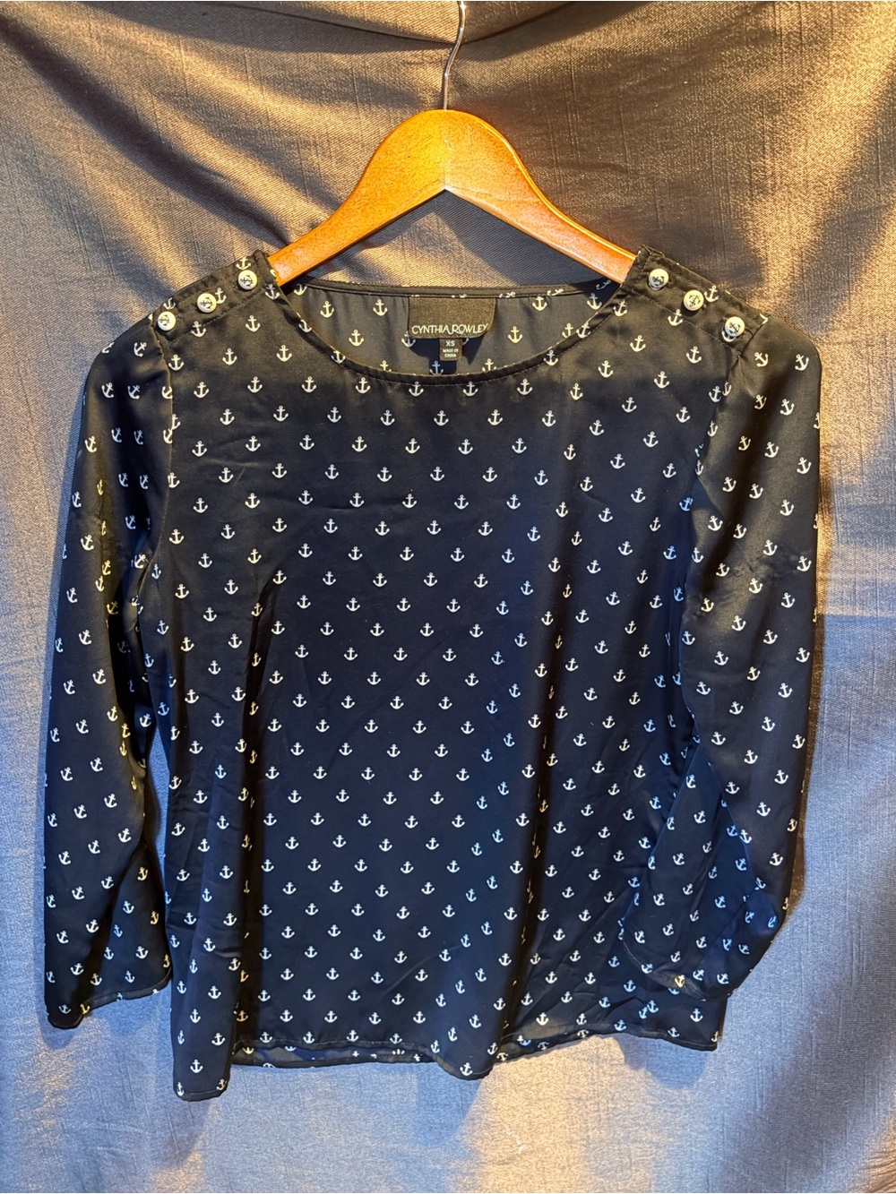 Cynthia Rowley Navy Long Sleeve Top with White Anchor Print